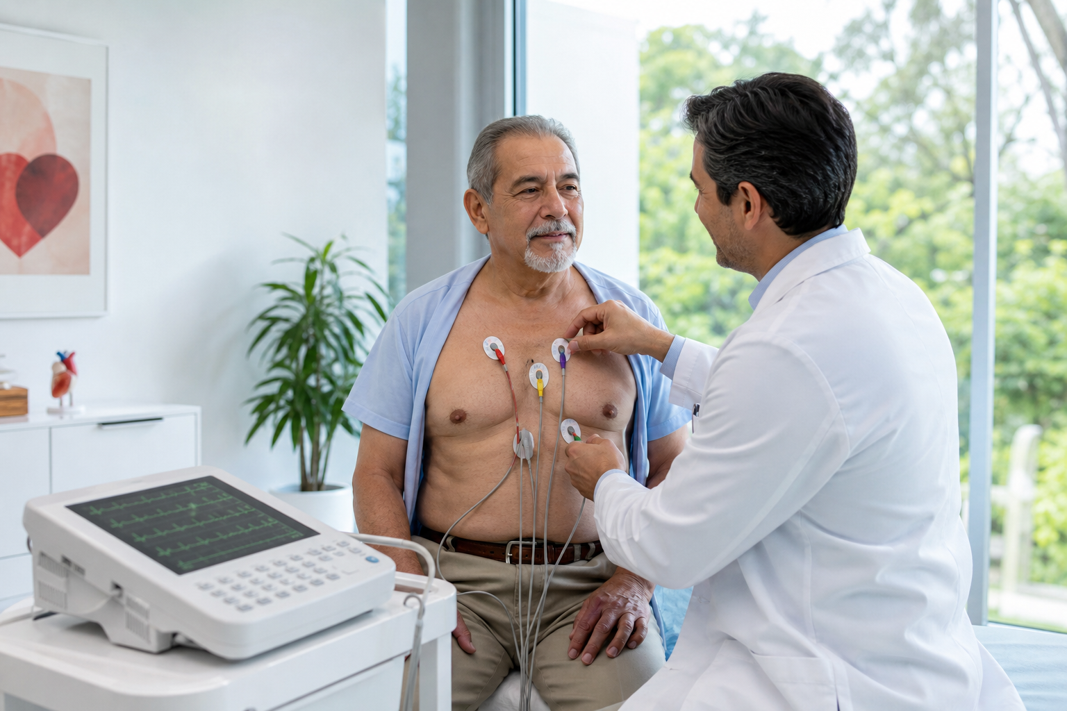 Cardiólogo realizando una valoración preventiva con un electrocardiógrafo digital a un paciente mayor